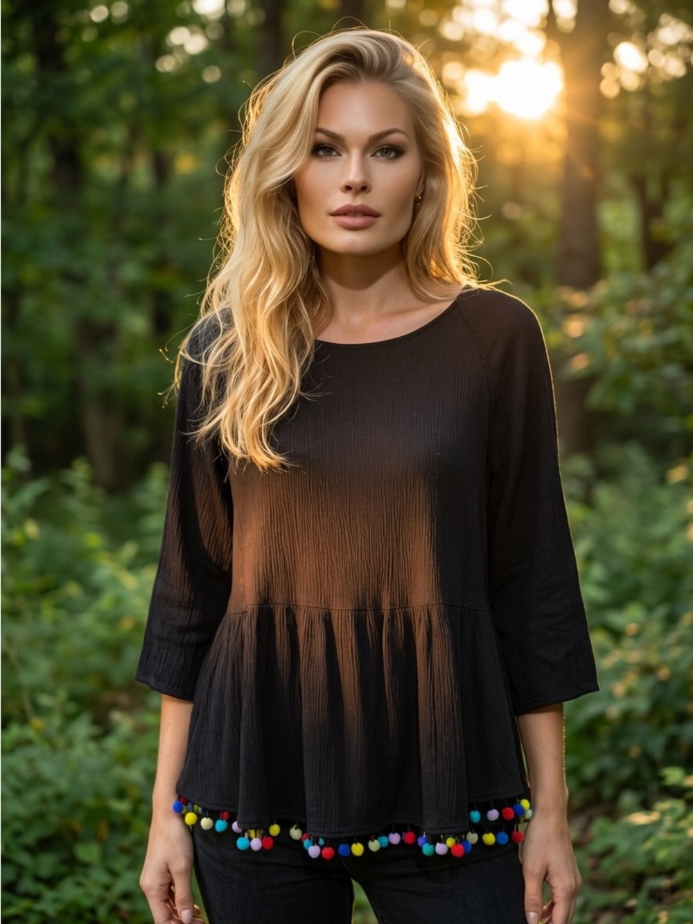 Eri + Ali Black Crinkle Peplum Top with Pom-Pom Trim Size S